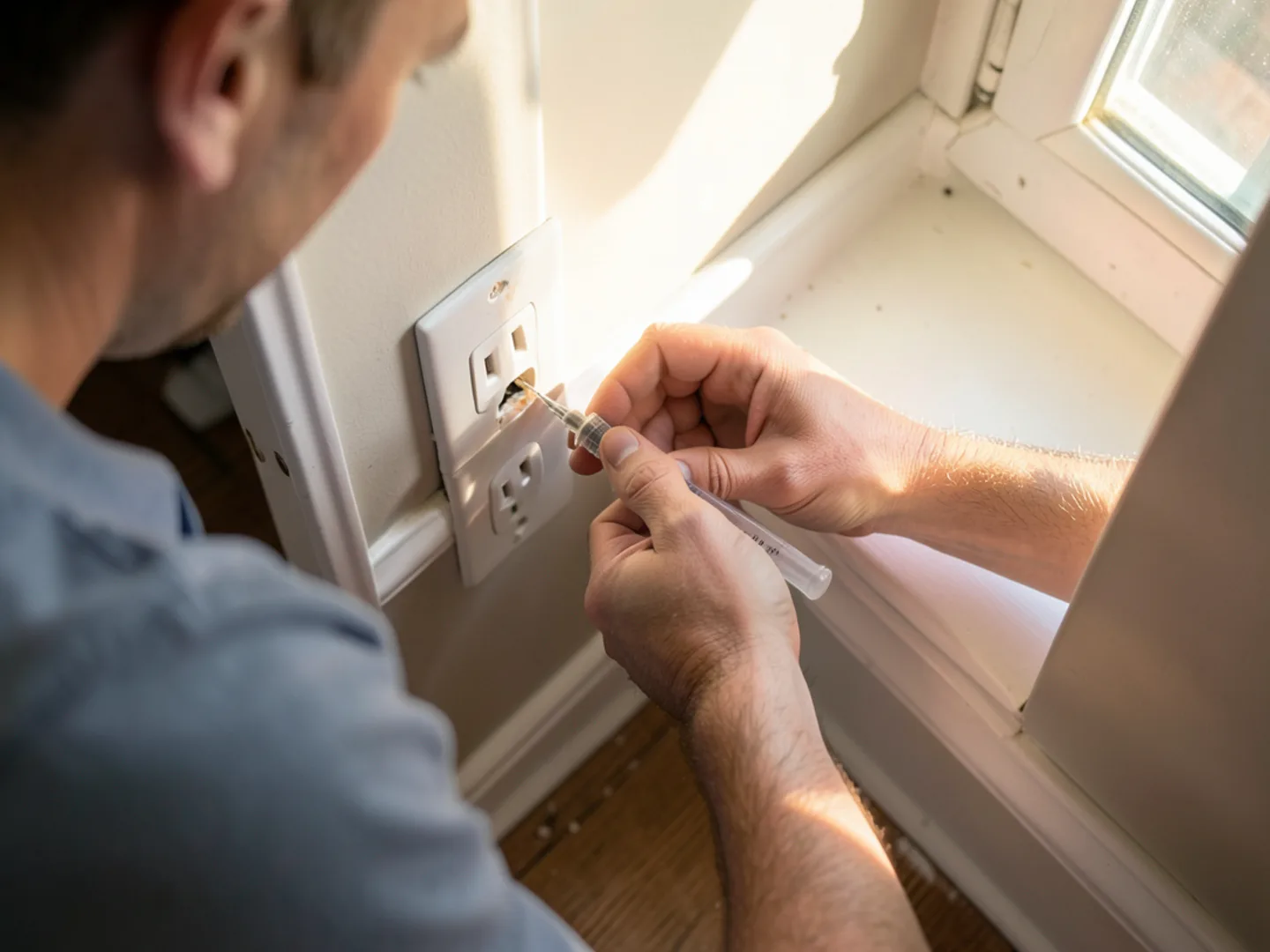 Injecting micro-residual product behind baseboard trim and electrical void