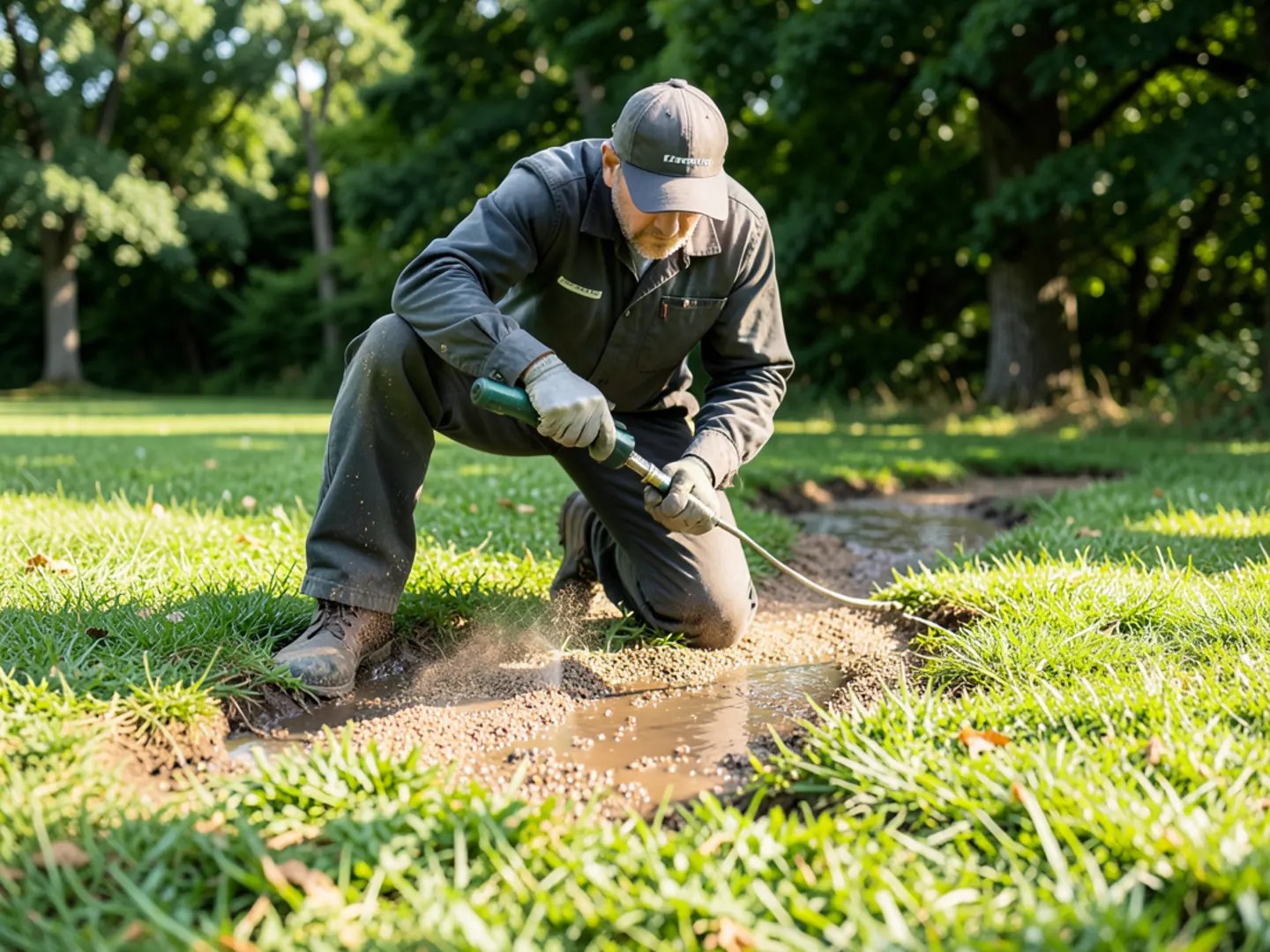 Applying low-lying tick suppression spray along perimeter lawn edge