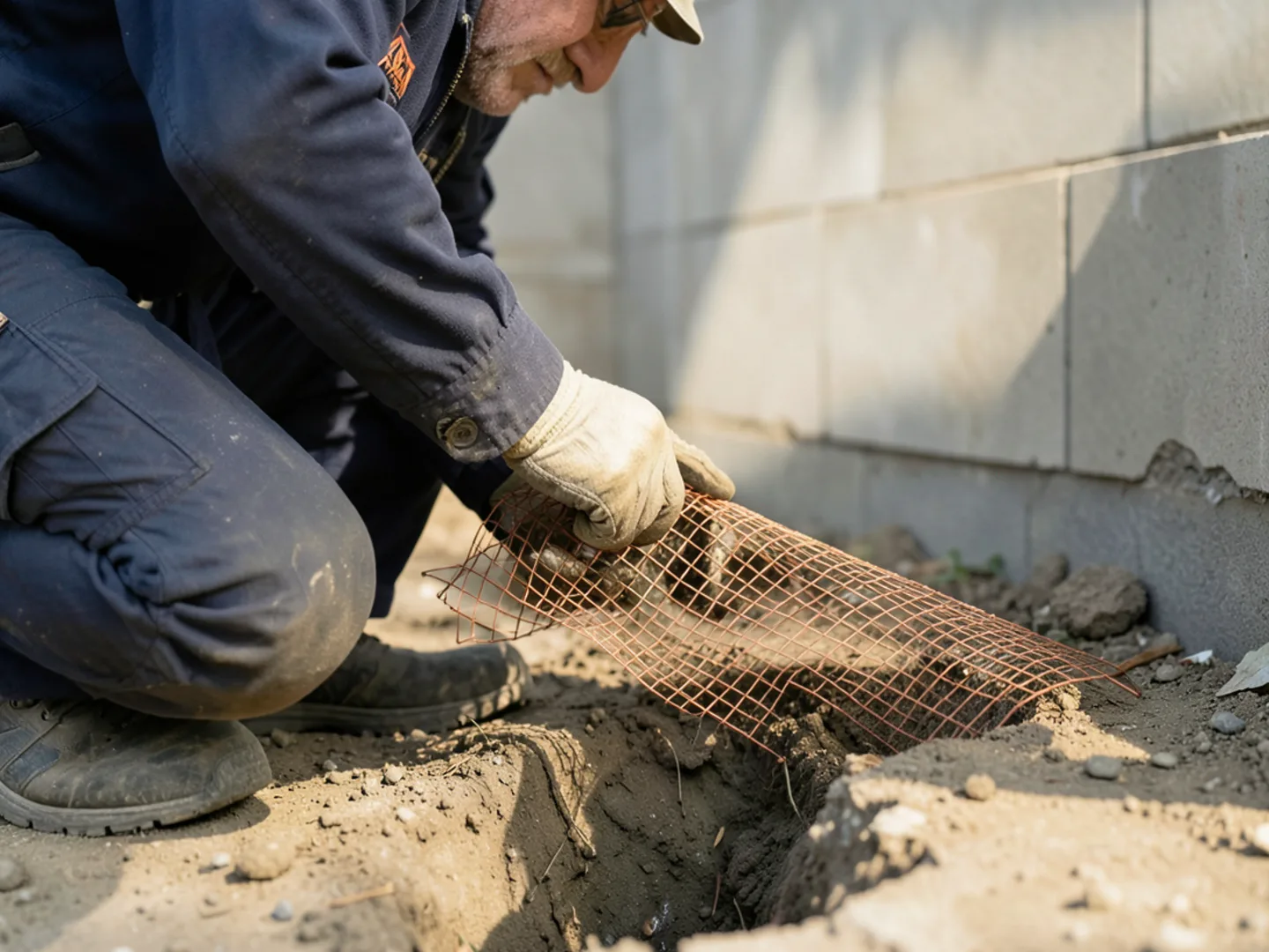 Technician packing durable copper mesh into foundation crevice to seal pests out