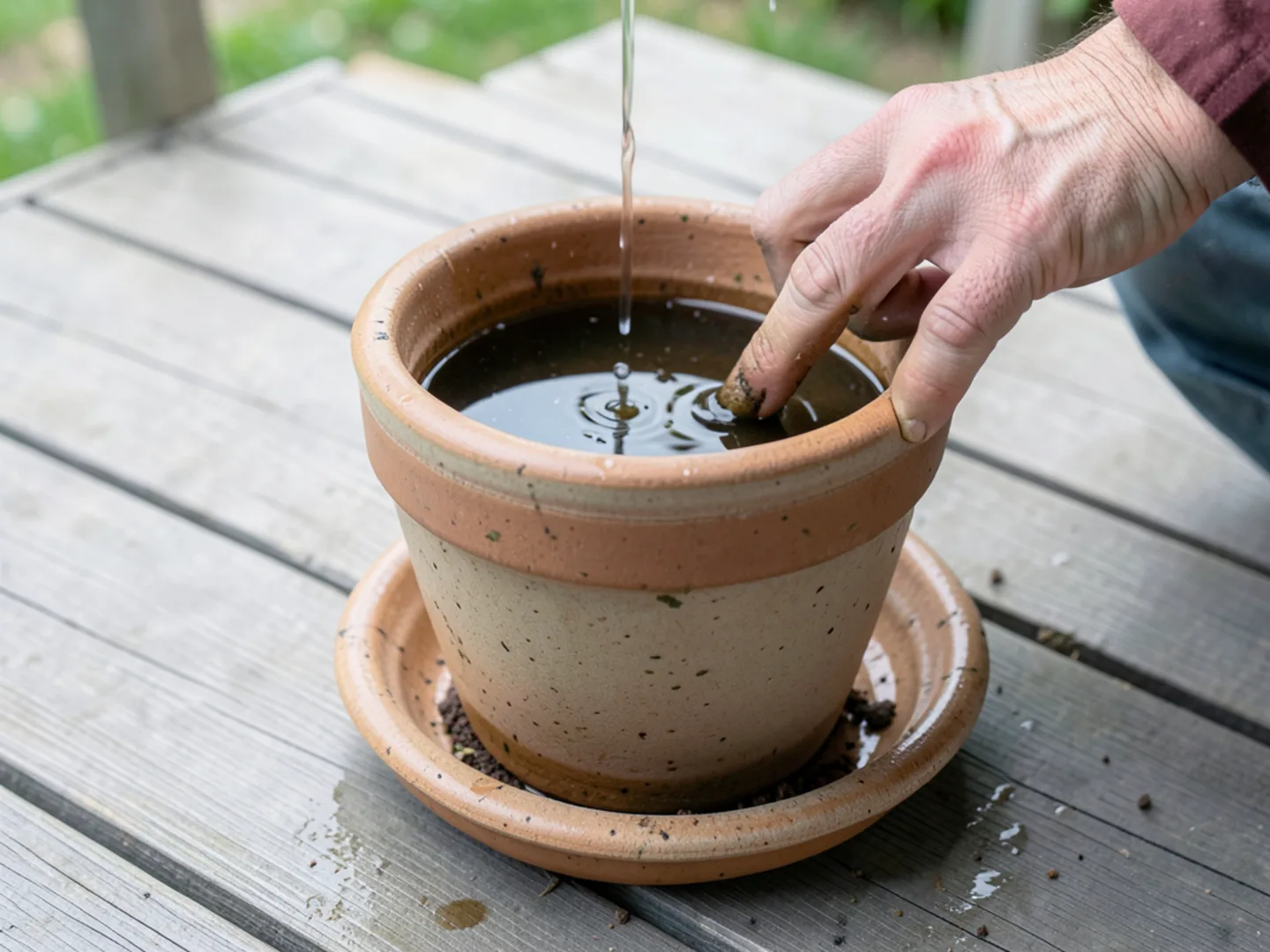 Emptying stagnant rainwater from plant saucer to prevent mosquito breeding