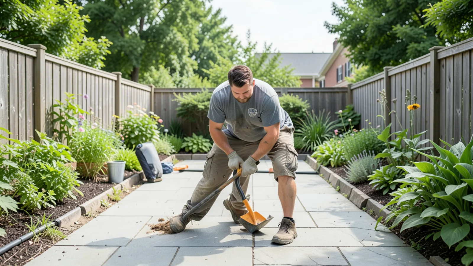Sunny backyard patio with clear gutters and healthy landscaping in Midlothian