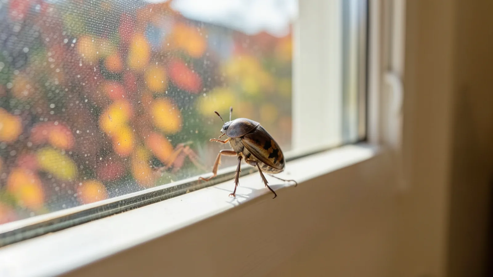 Brown marmorated stink bug on sunny window casing in autumn