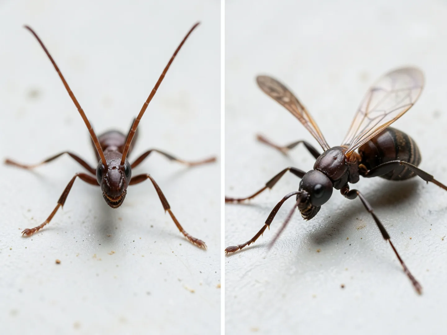 Side-by-side macro visual showing termite swarmer wings versus flying ant body structure