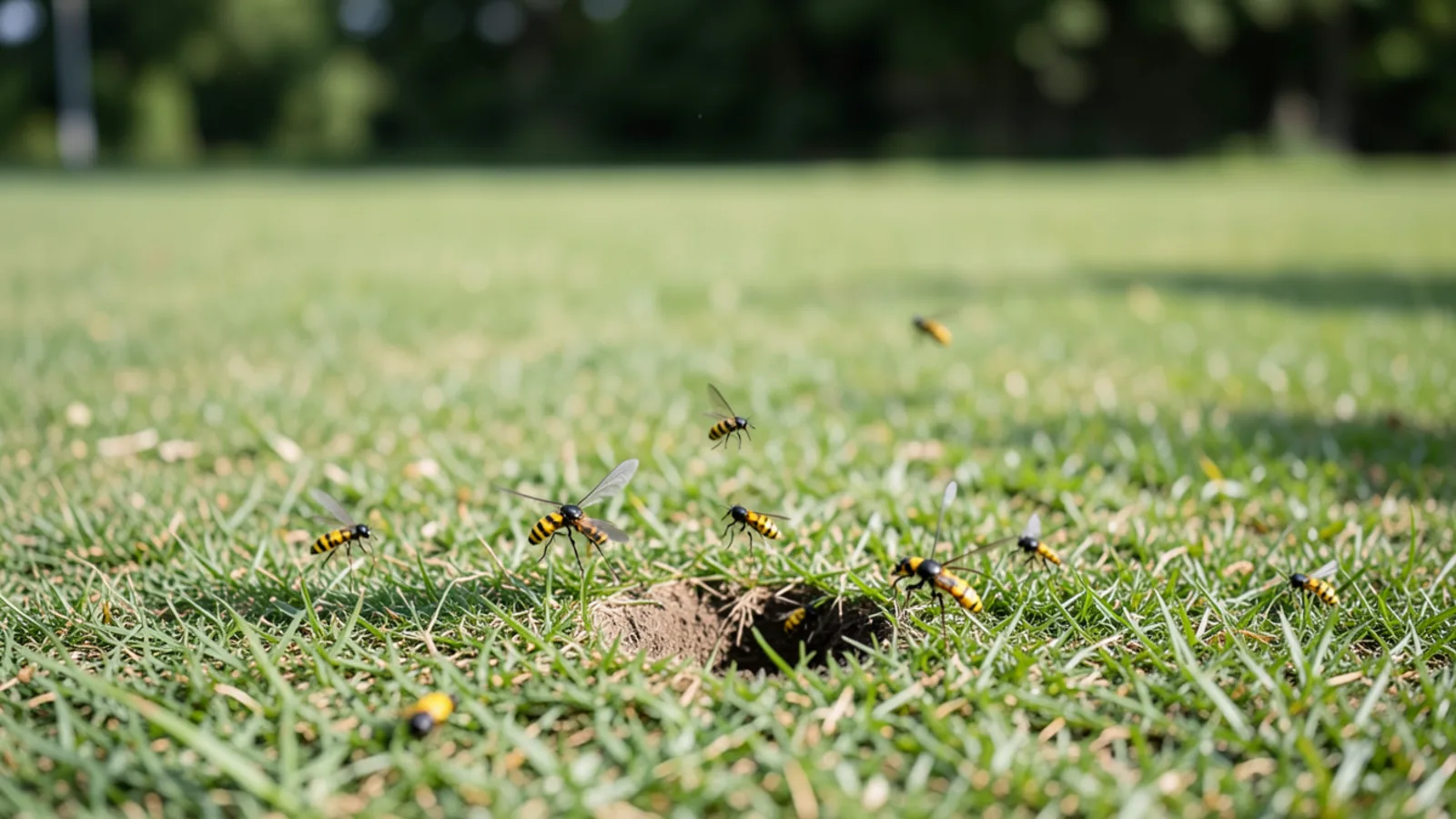 Yellow jackets actively exiting underground burrow hole in residential lawn