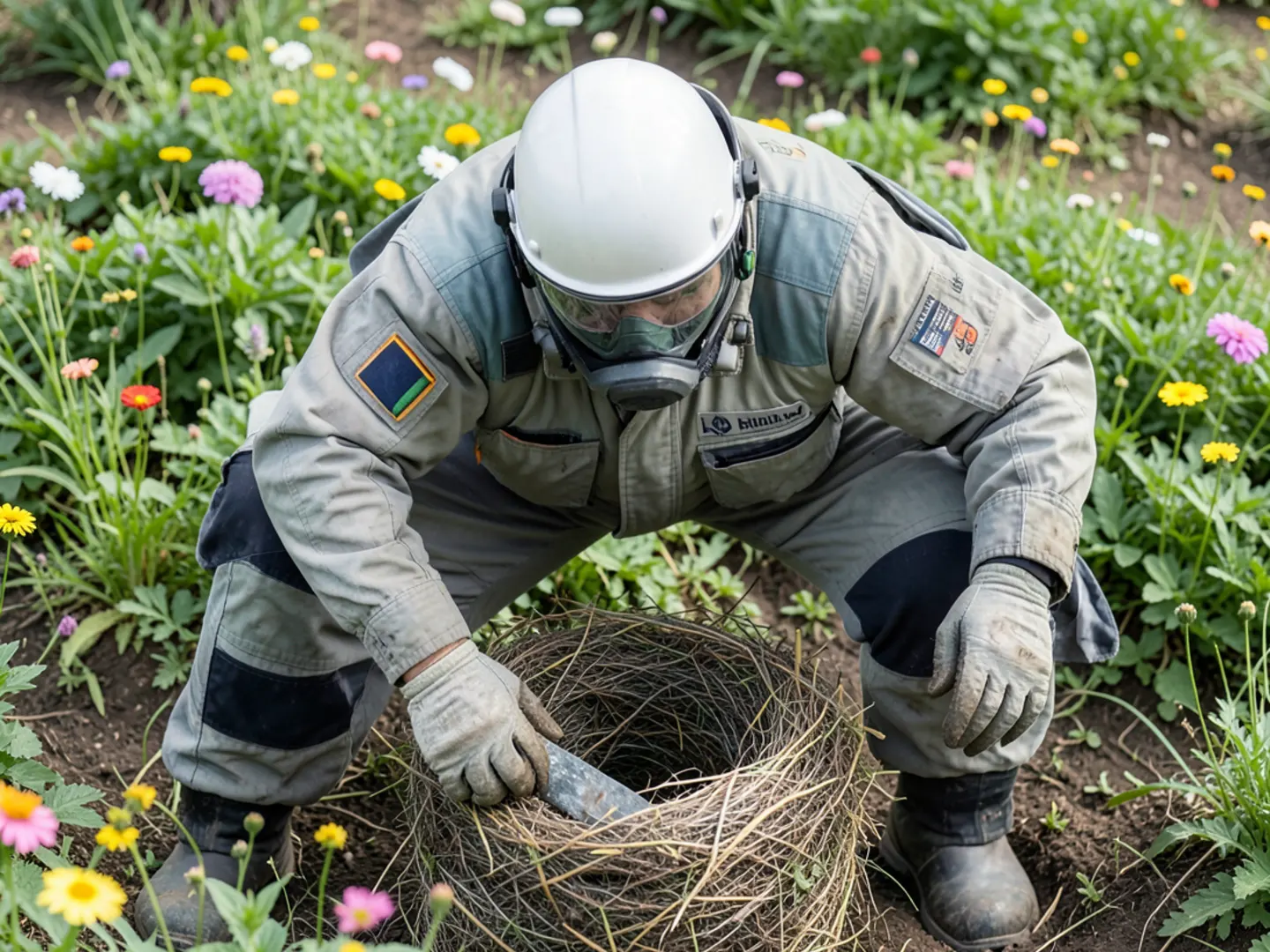 Technician in heavy protective sting suit approaching active ground nest