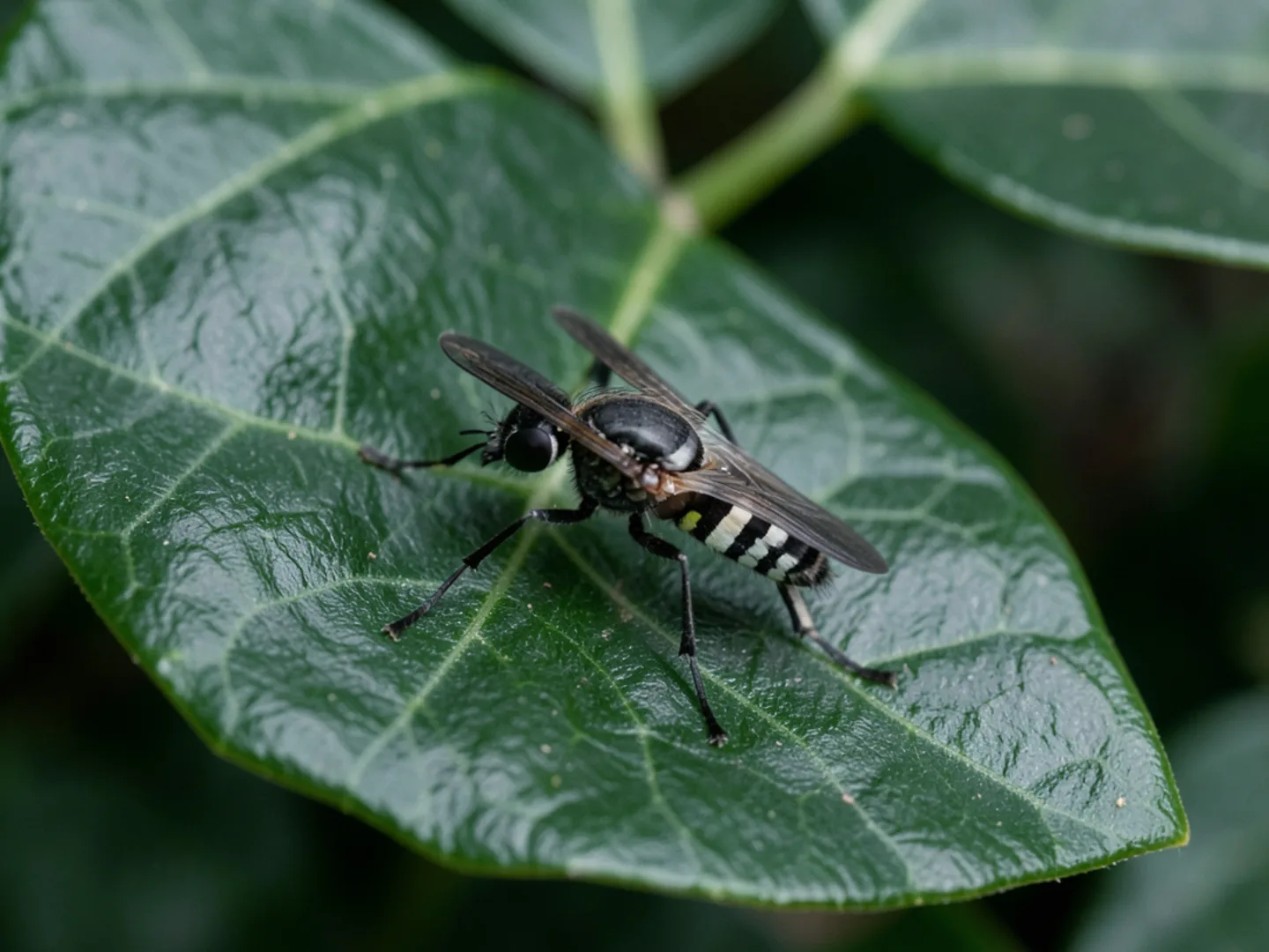 Close-up of Asian tiger mosquito resting on broad garden ivy leaf in Virginia