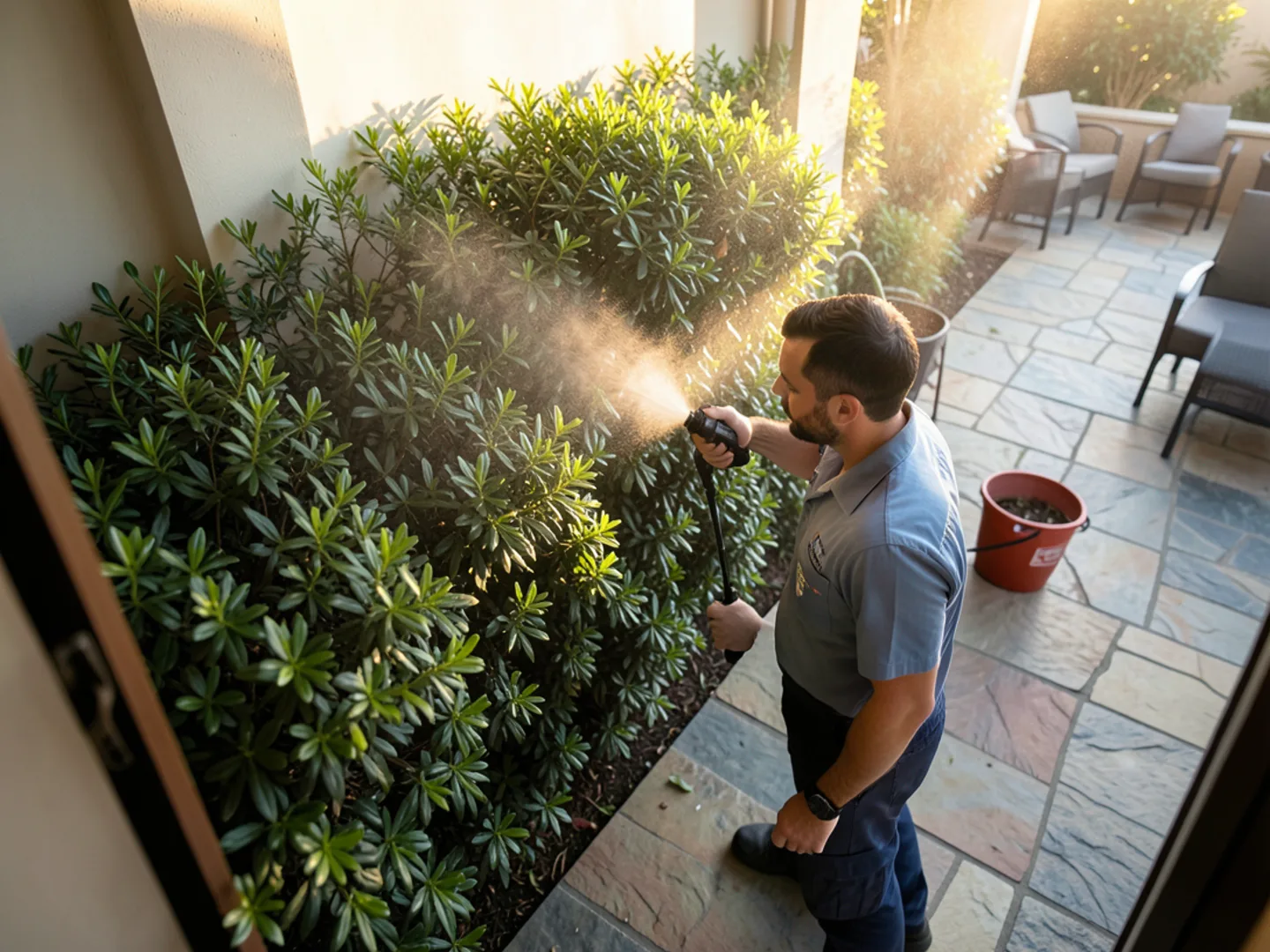 Misting shaded shrub border around outdoor living patio in Midlothian