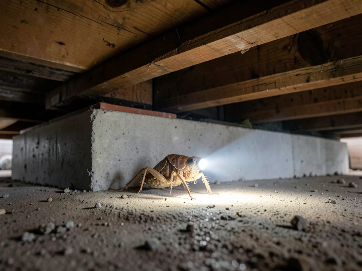 Flashlight highlighting camel cricket inside humid Virginia crawl space