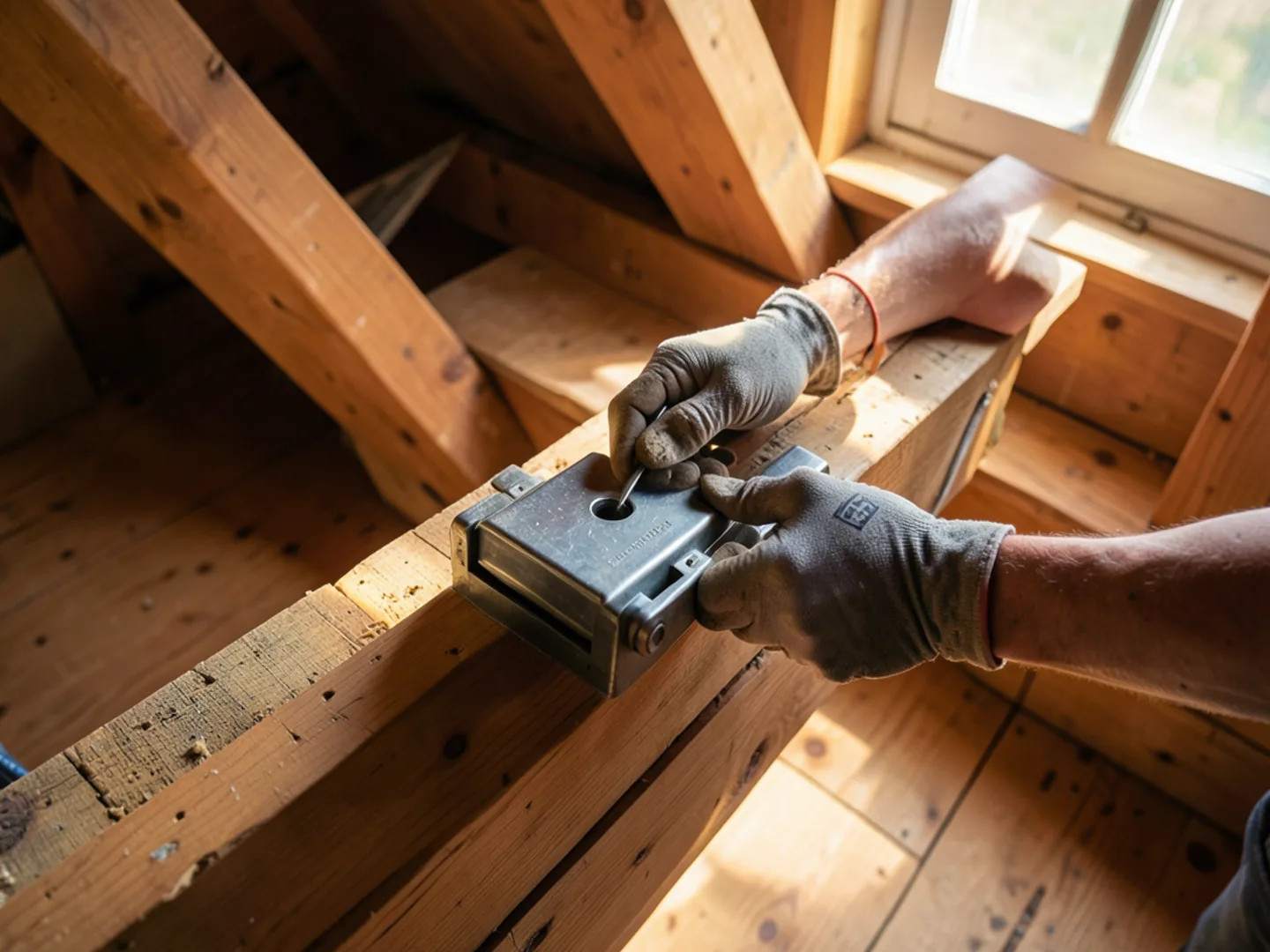 Carefully placed mechanical snap traps on attic floor runway beam