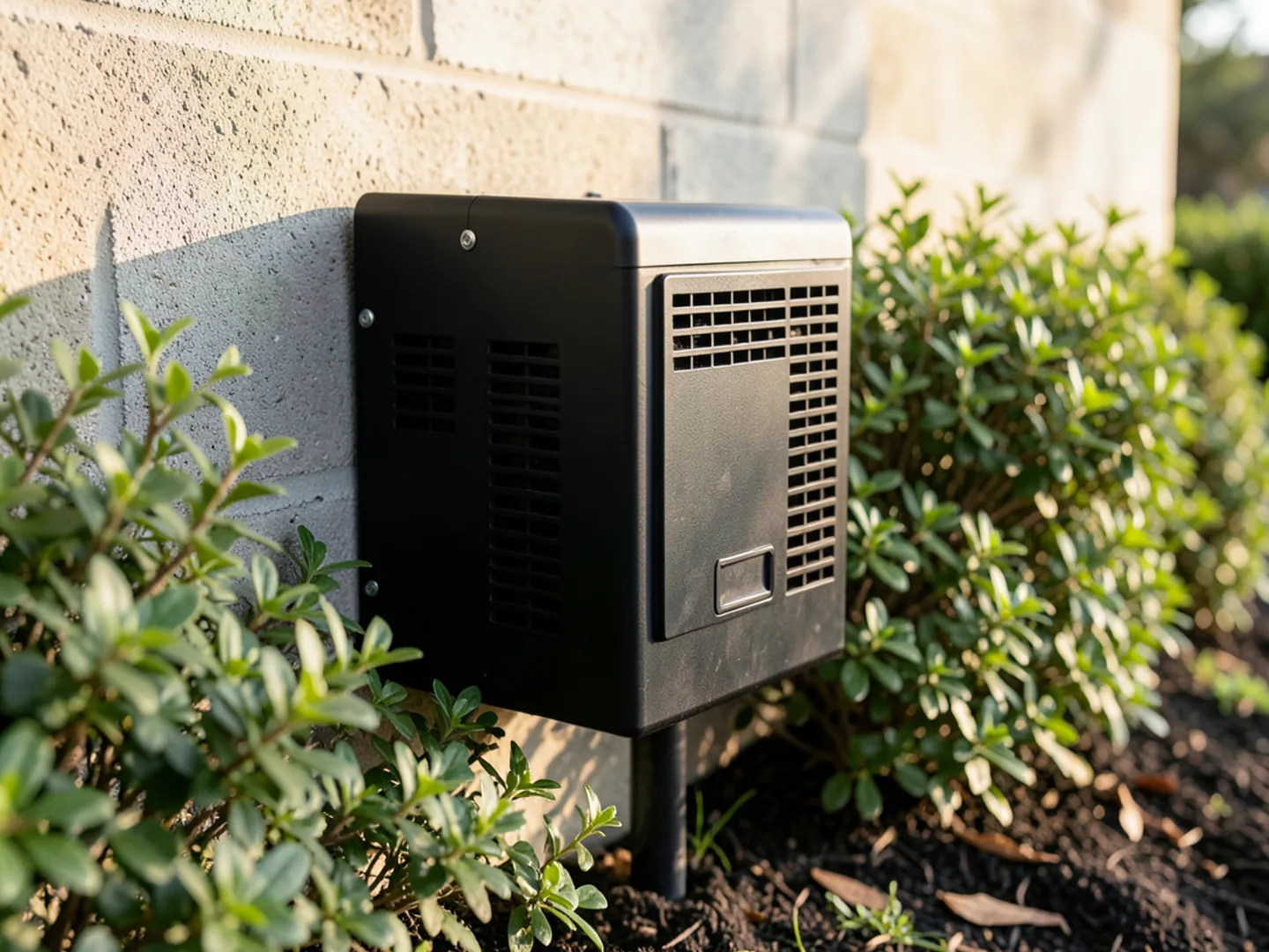 Locked tamper-resistant exterior rodent monitoring box against foundation