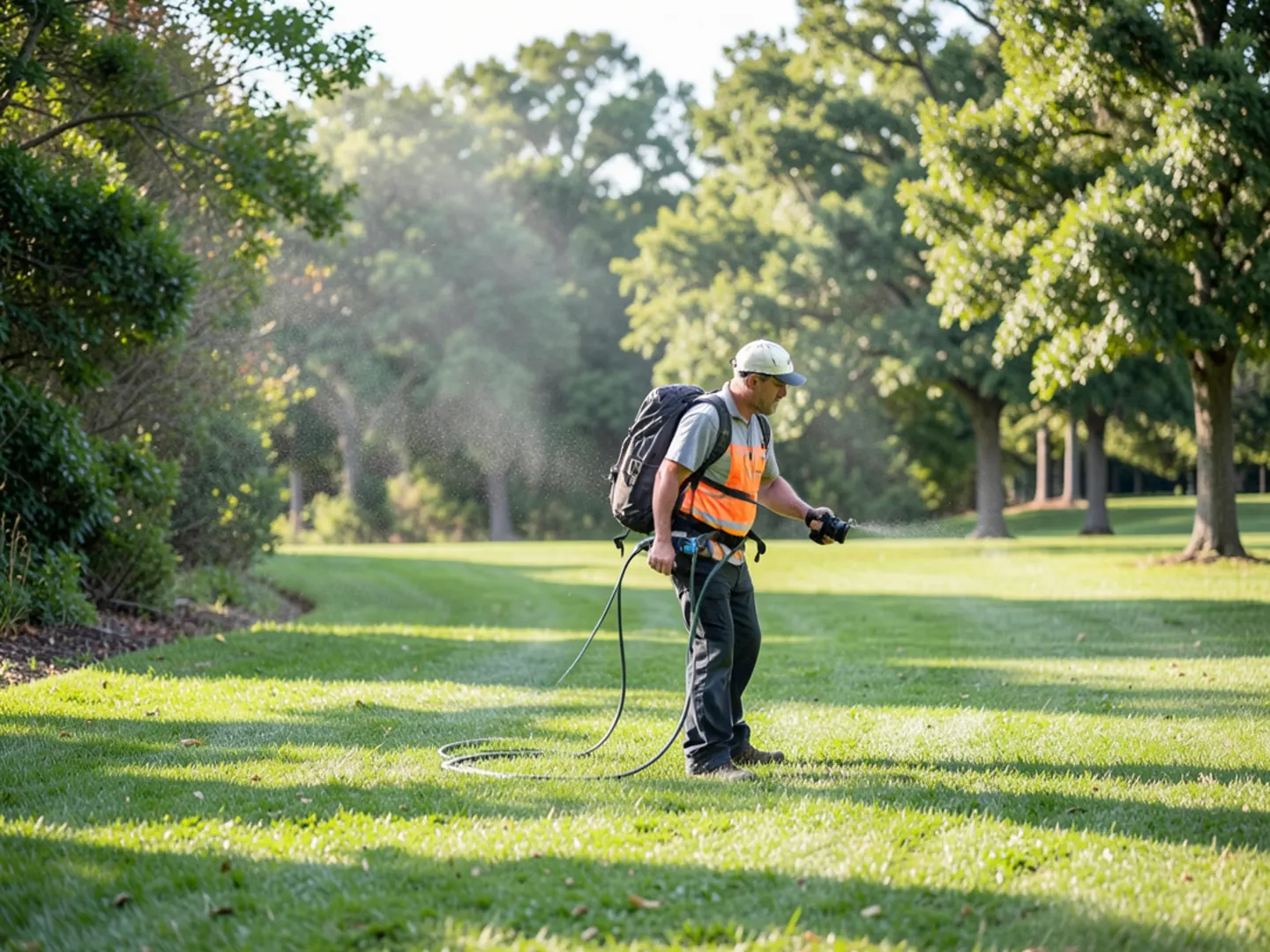 Applying precision tick barrier around manicured estate lawn border in Goochland
