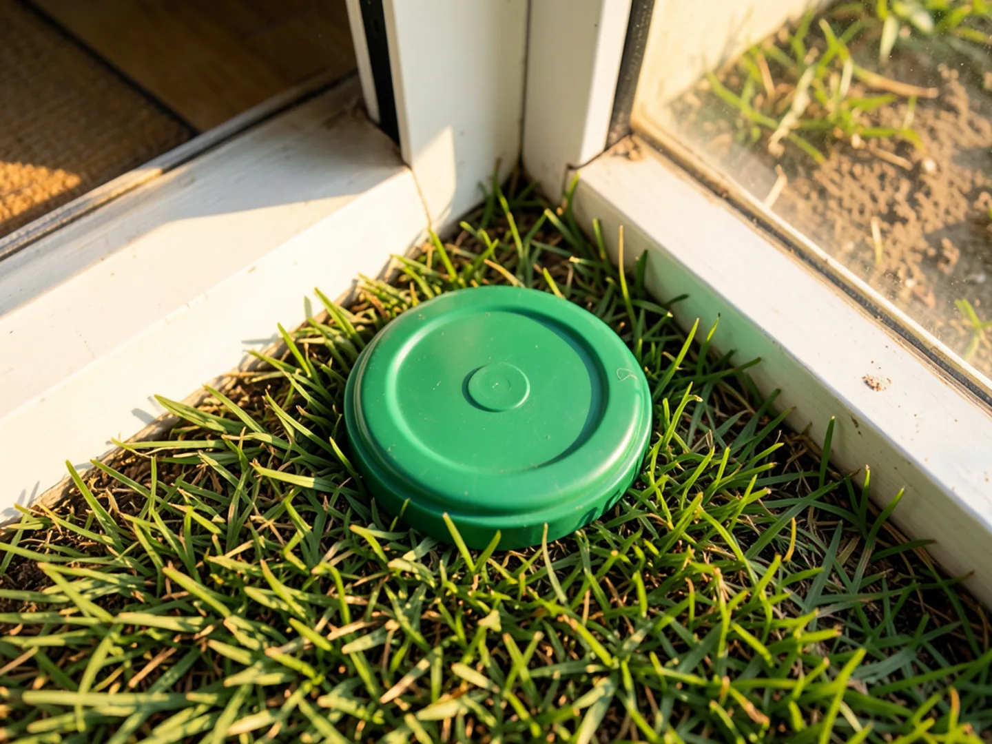In-ground termite bait monitoring station installed in lawn along foundation