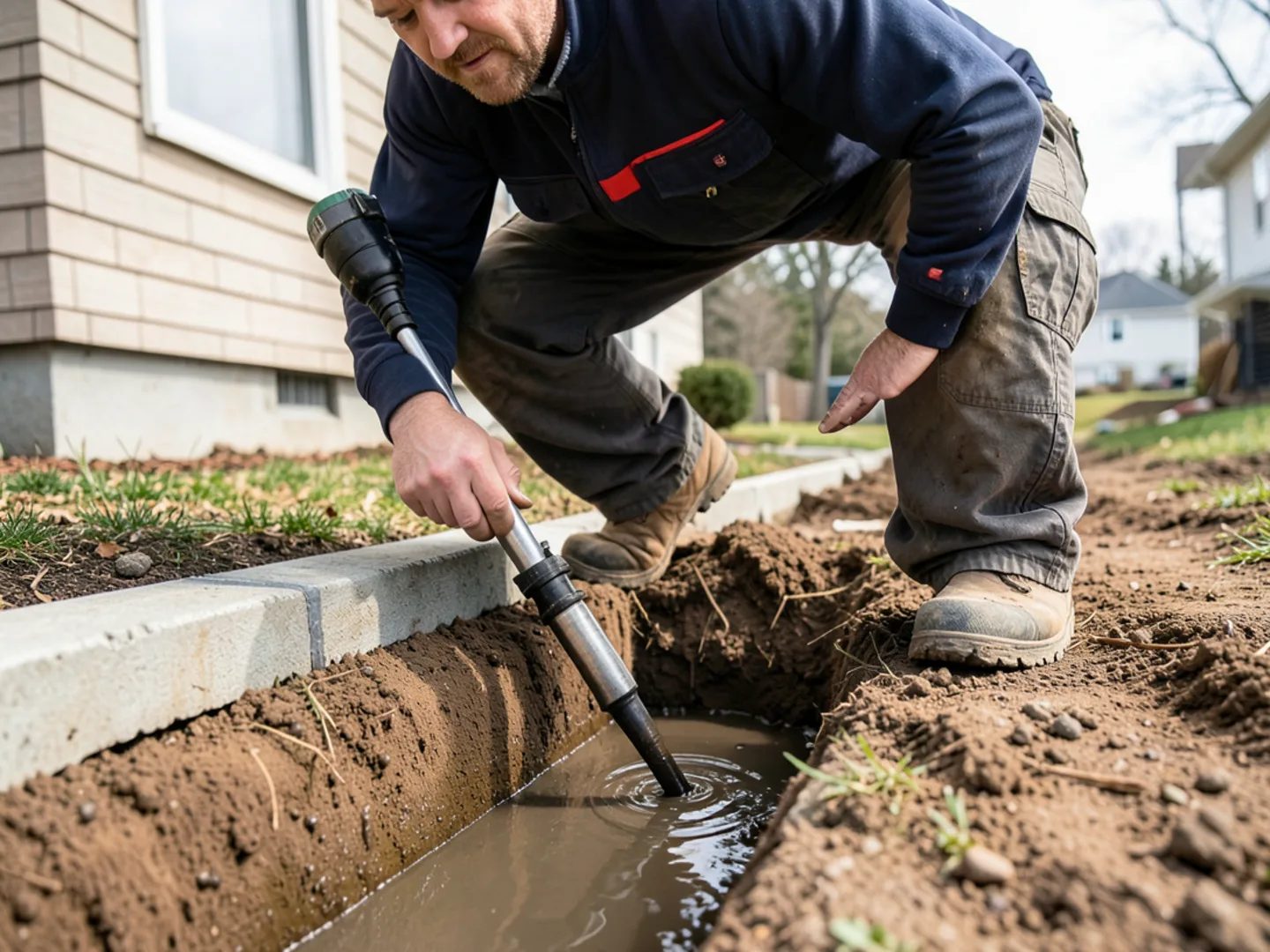 Soil trenching for non-repellent termiticide barrier around Chesterfield home
