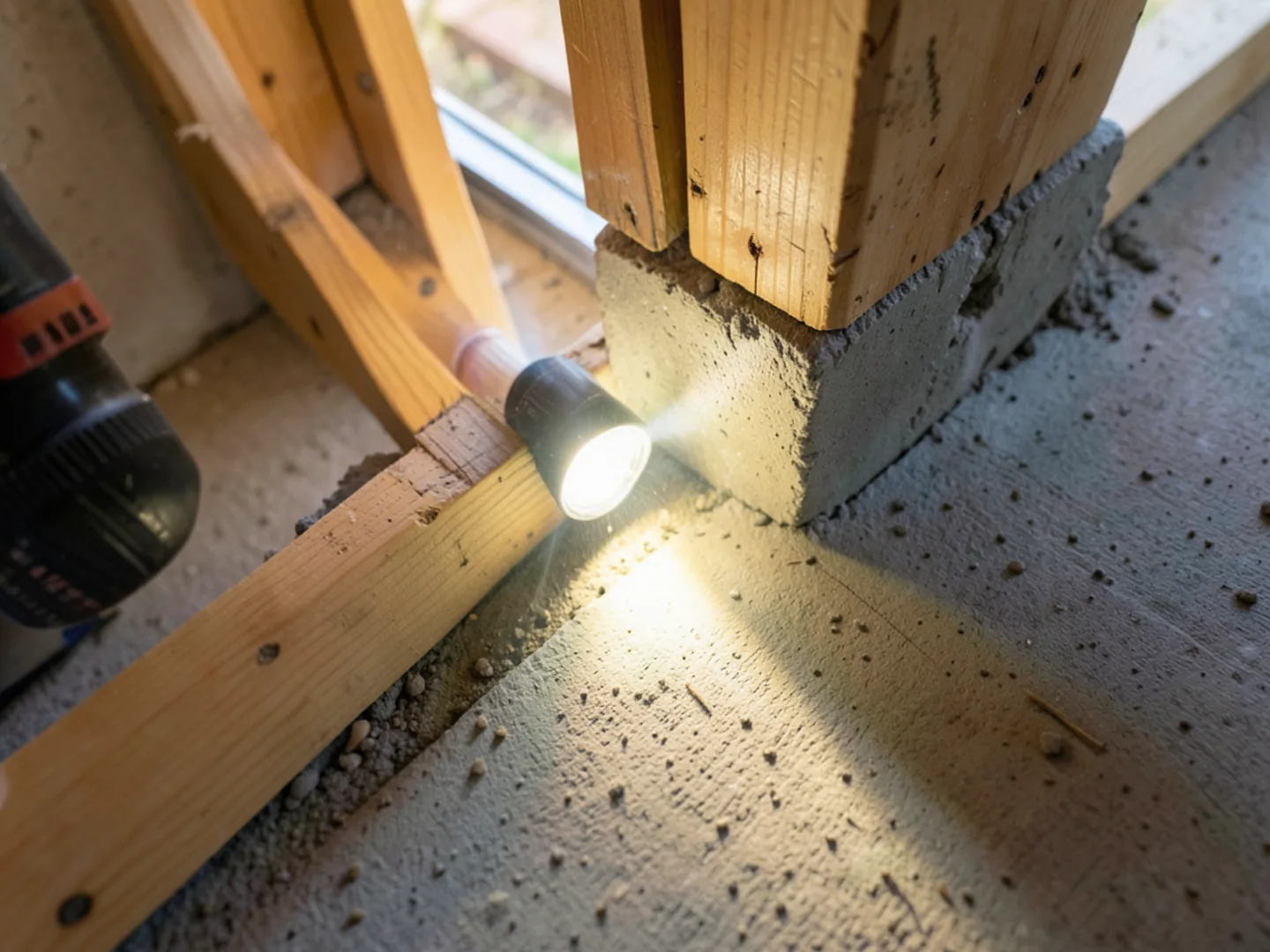 Inspecting wood sill plate junction at exterior foundation footing