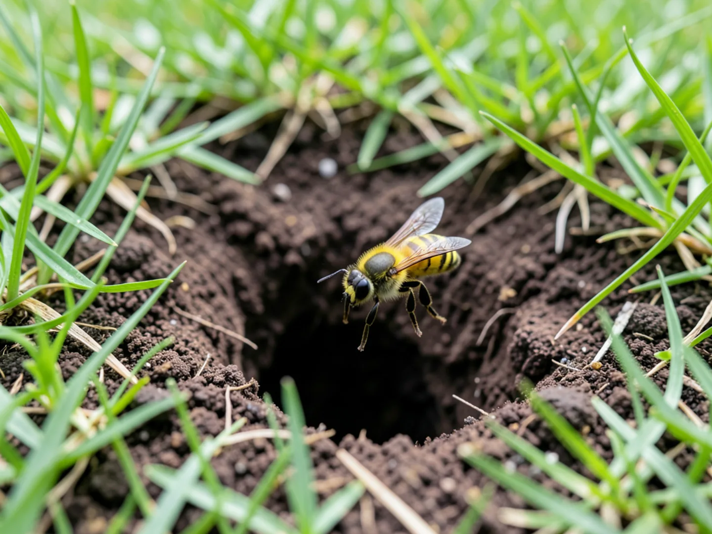 Aggressive yellow jackets swarming around lawn burrow opening in Midlothian